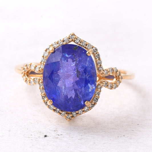 4.63 Ct Oval Mixed Cut Natural Tanzanite 14K Gold Ring