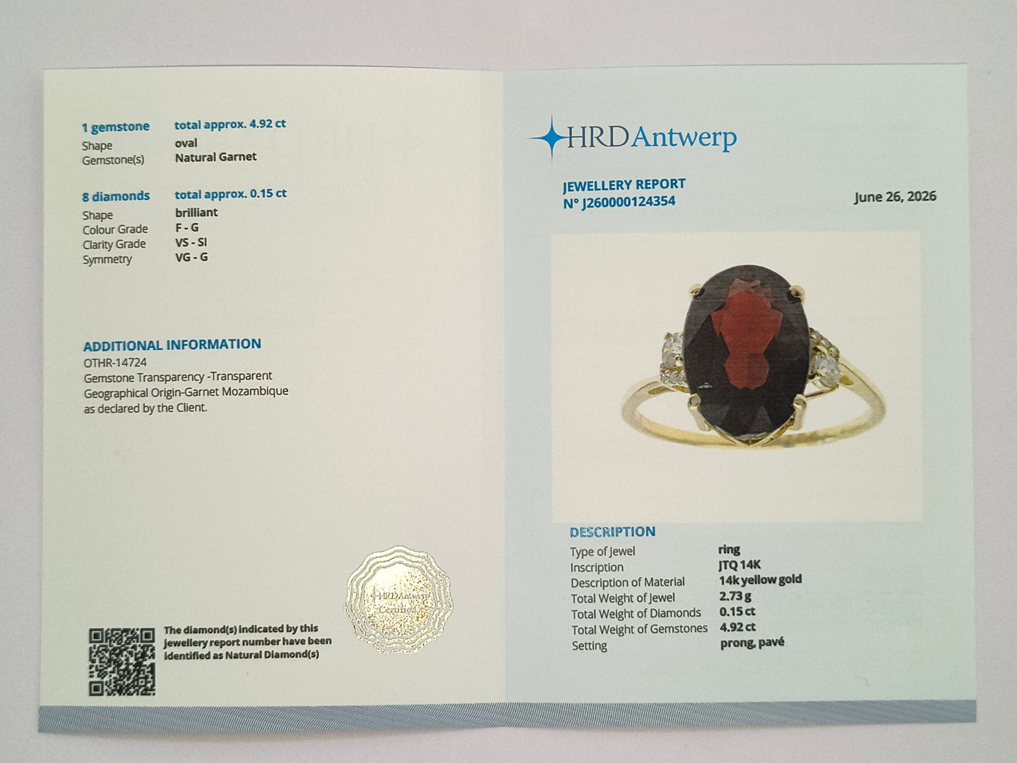 5.07 Ct Oval Natural Garnet 14K Gold Ring