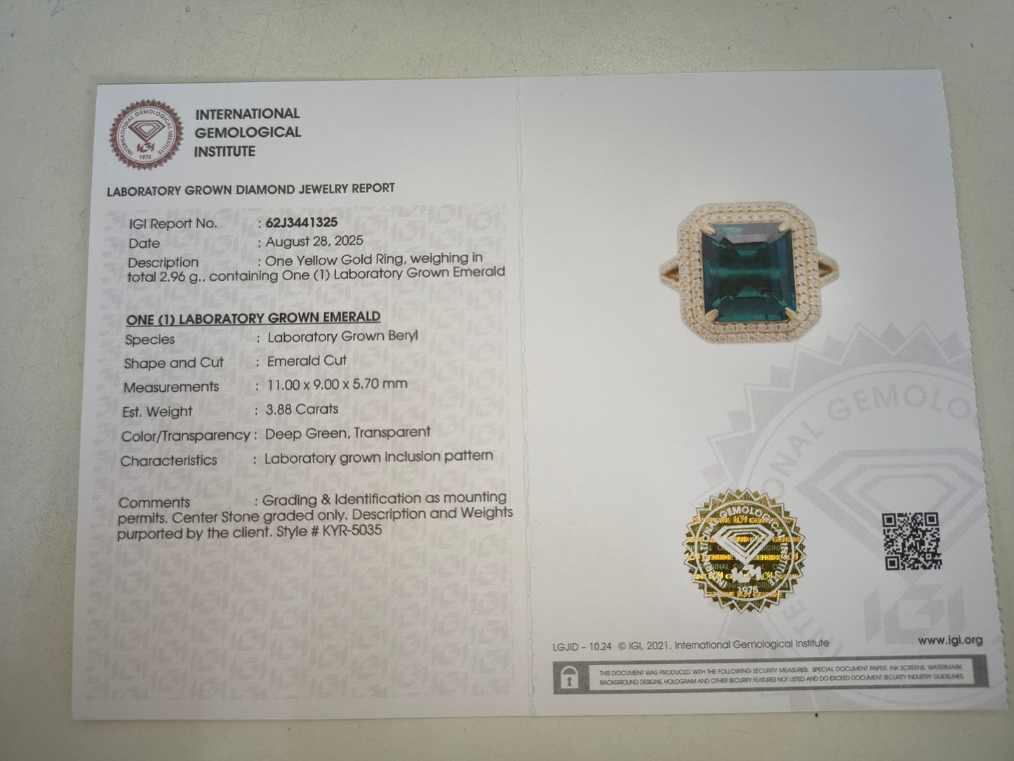 4.24 Ct Emerald Cut Lab Grown Emerald 14K Gold Ring