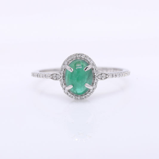 1.13 Ct Oval Cabochon Cut Natural Emerald 950 Platinum Ring
