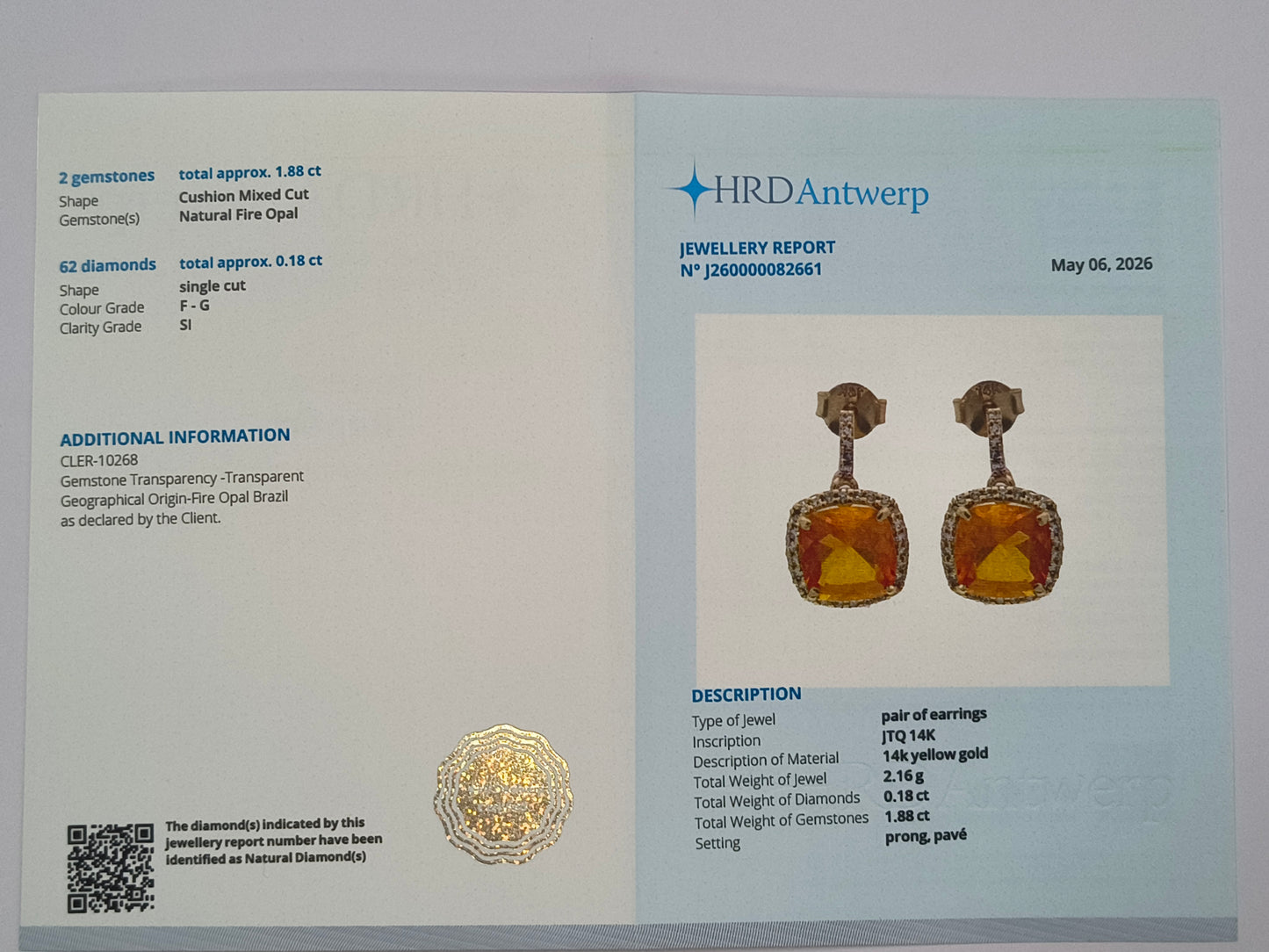 2.06 Ct Cushion Mixed Cut Natural Fire Opal 14K Gold Earrings