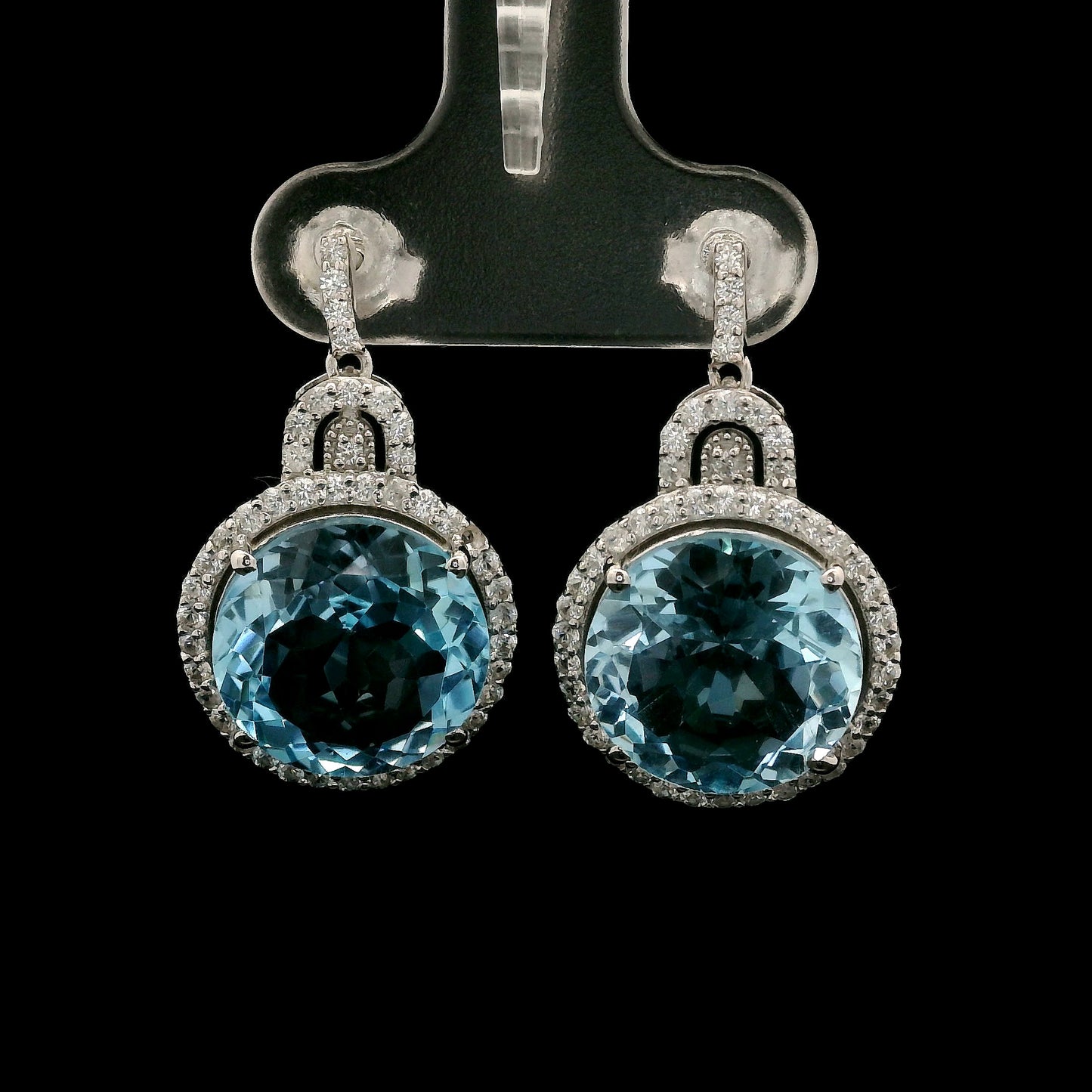 14.69 Ct Round Blue Topaz, White Zircon 925 Sterling Silver Earrings