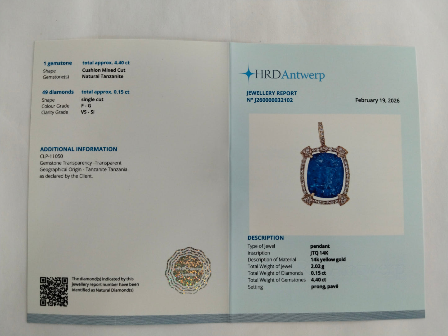 4.55 Ct Cushion Mixed Cut Natural Tanzanite 14K Gold Pendant