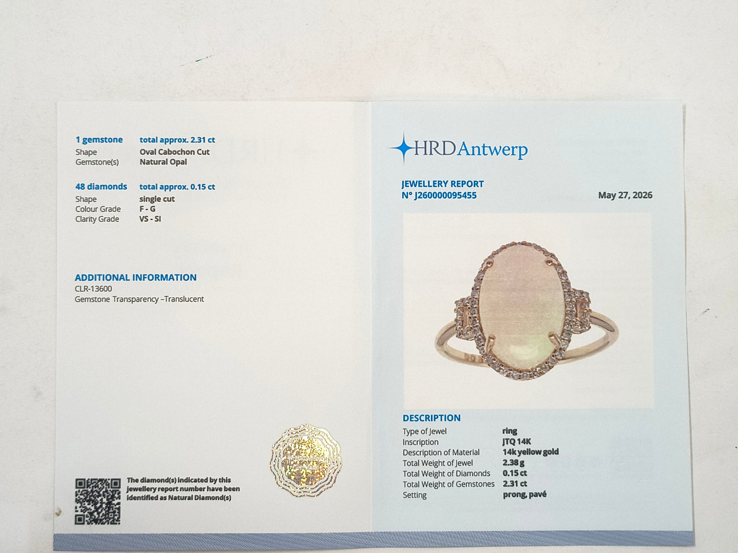 2.46 Ct Oval Cabochon Cut Natural Opal 14K Gold Ring