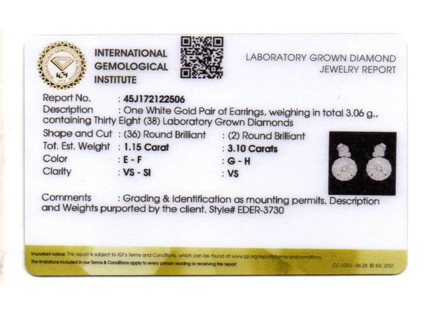 4.25 Carats Lab Grown Diamond 14K Gold Earrings