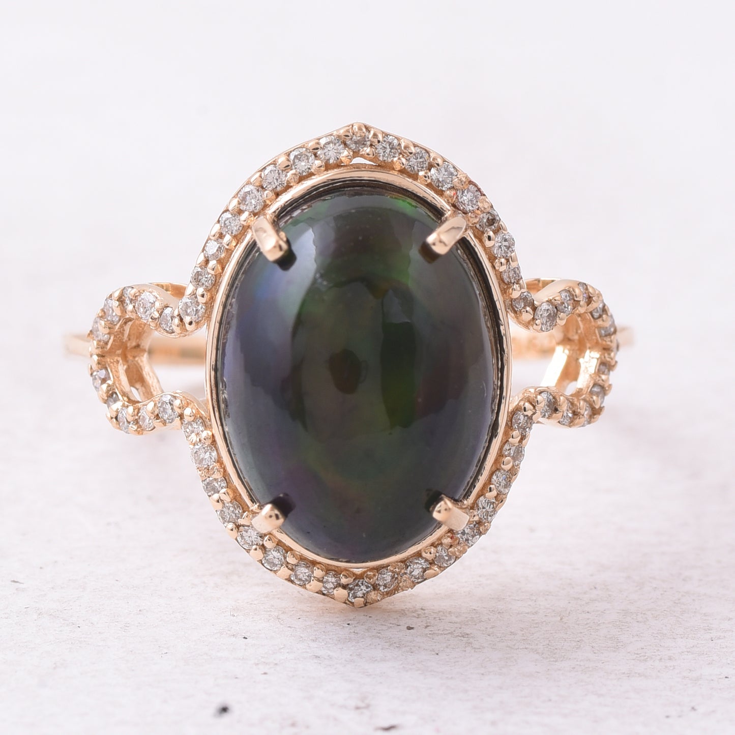 4.02 Ct Oval Cabochon Cut Natural Black Opal 14K Gold Ring