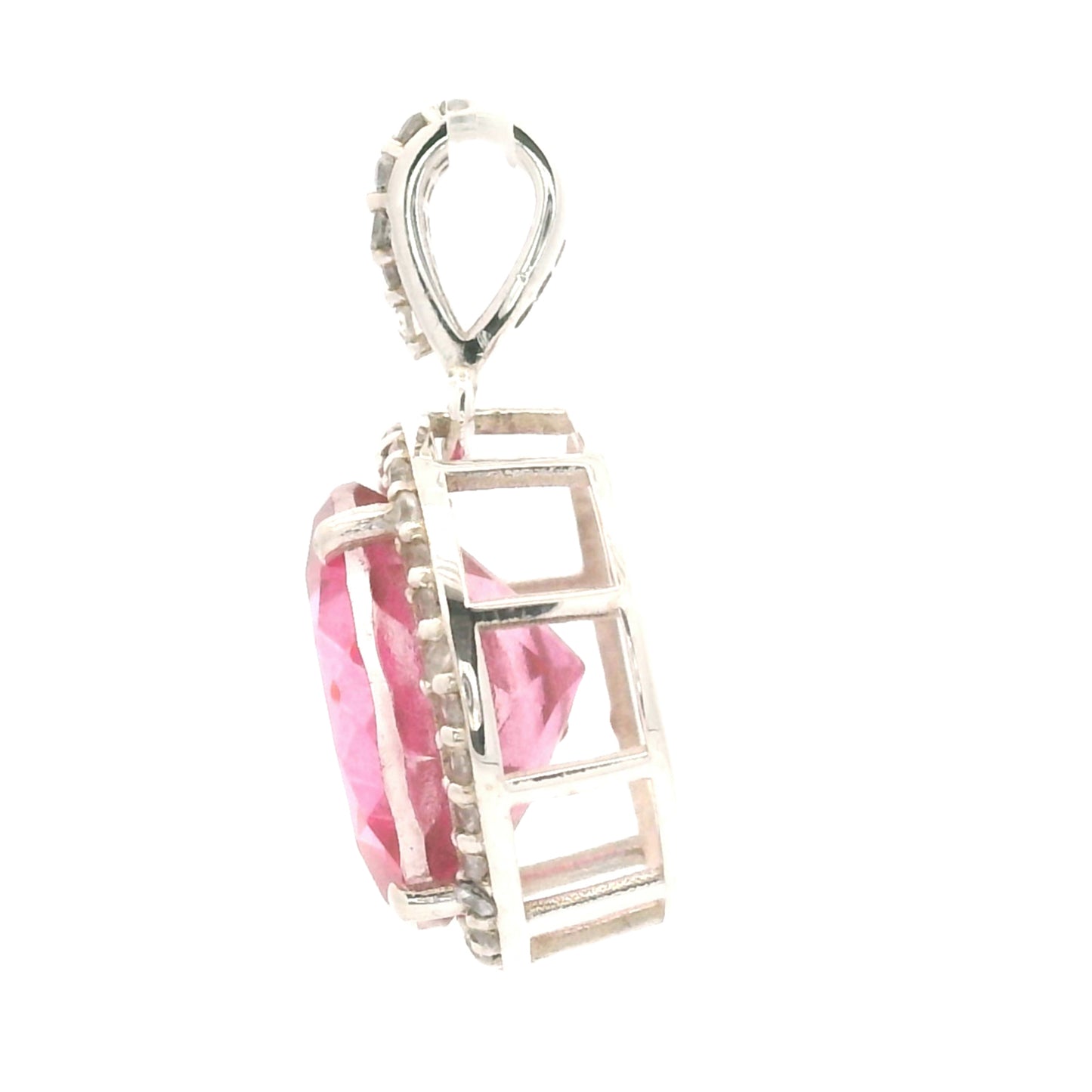 7.63 Ct Round Pink Topaz, White Zircon, 925 Sterling Silver Pendant