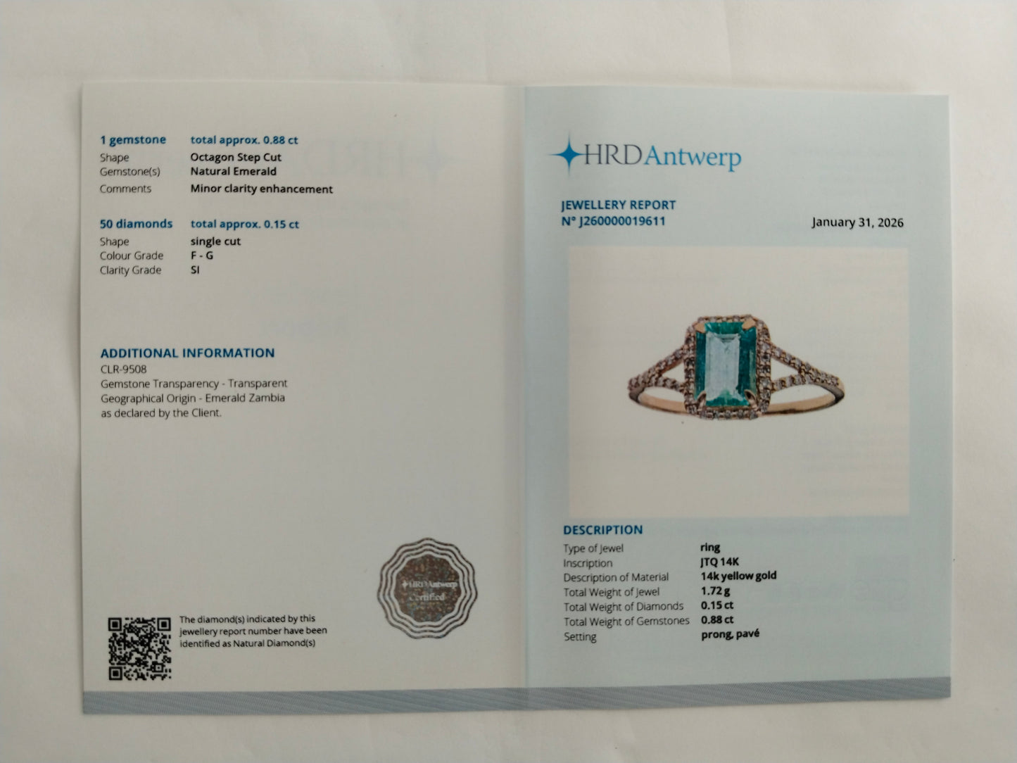 1.03 Ct Octagon Step Cut Natural Emerald 14K Gold Ring