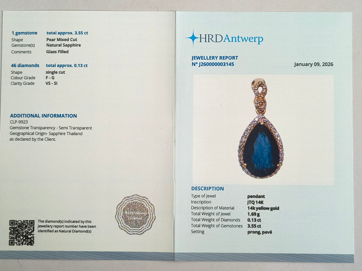 3.68 Ct Pear Mixed Cut Natural Sapphire 14K Gold Pendant