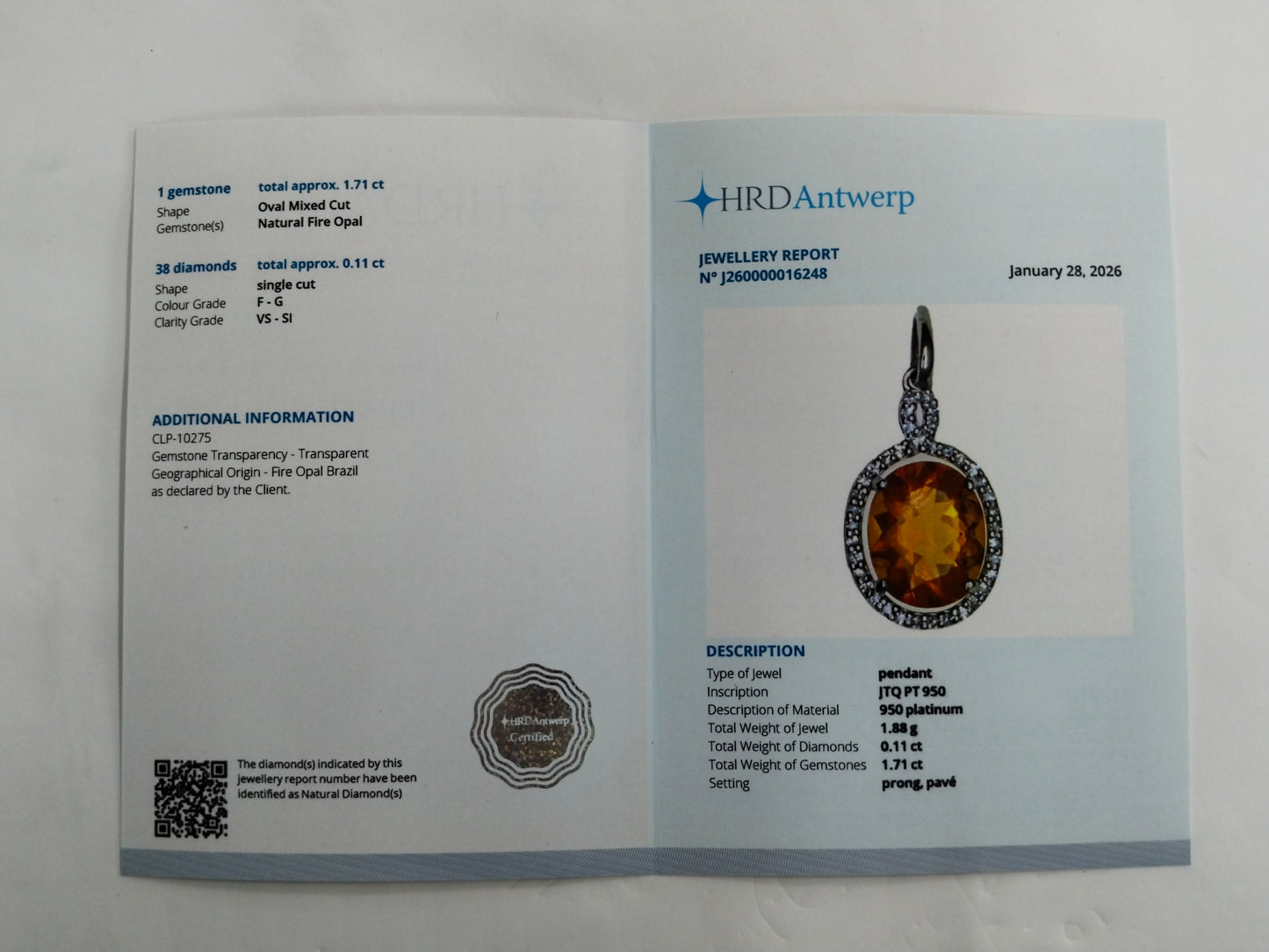 1.82 Ct Oval Mixed Cut Natural Fire Opal 950 Platinum Pendant