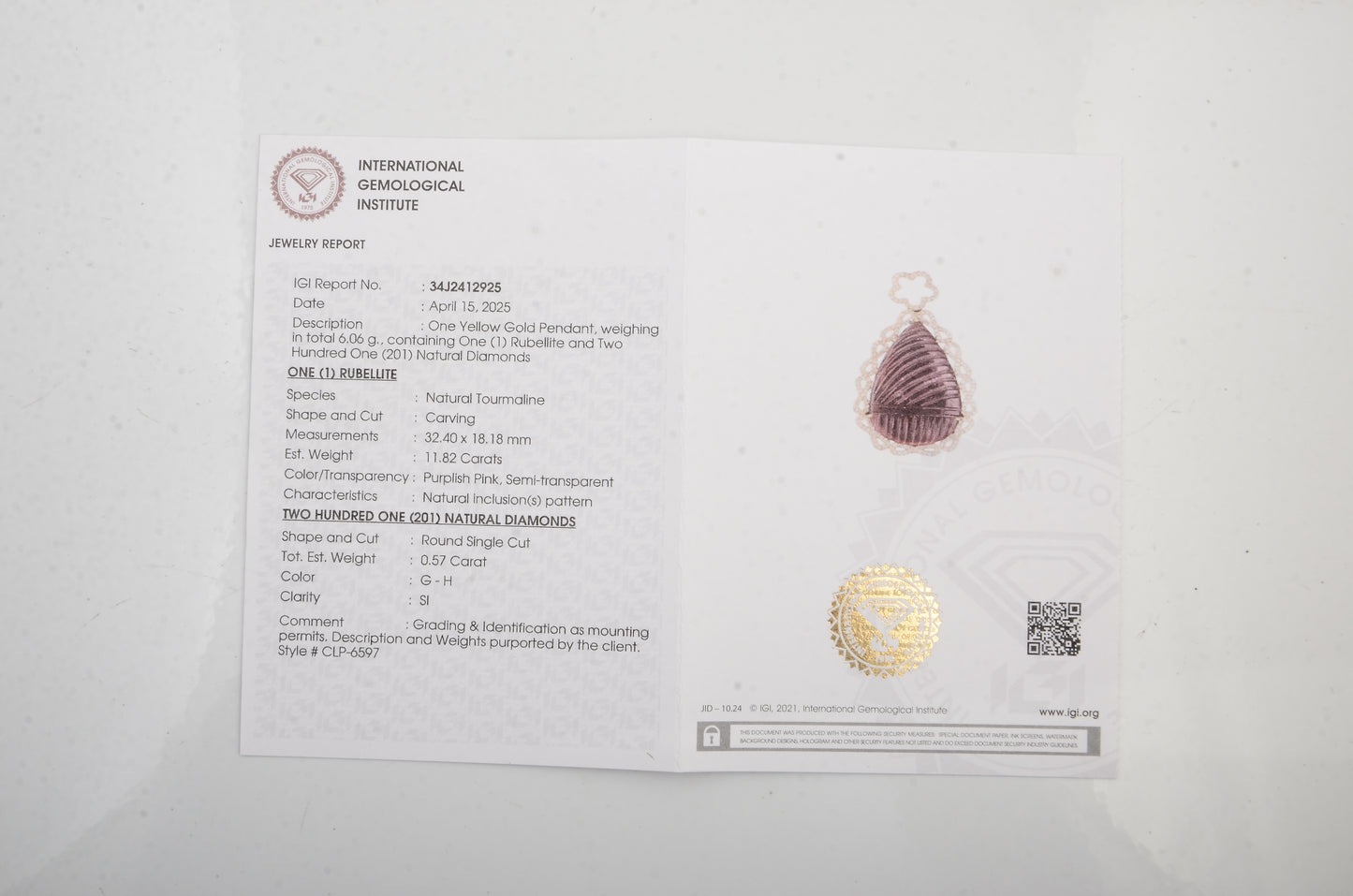 12.39 Ct Pear Carving Tourmaline 14K Gold Pendant