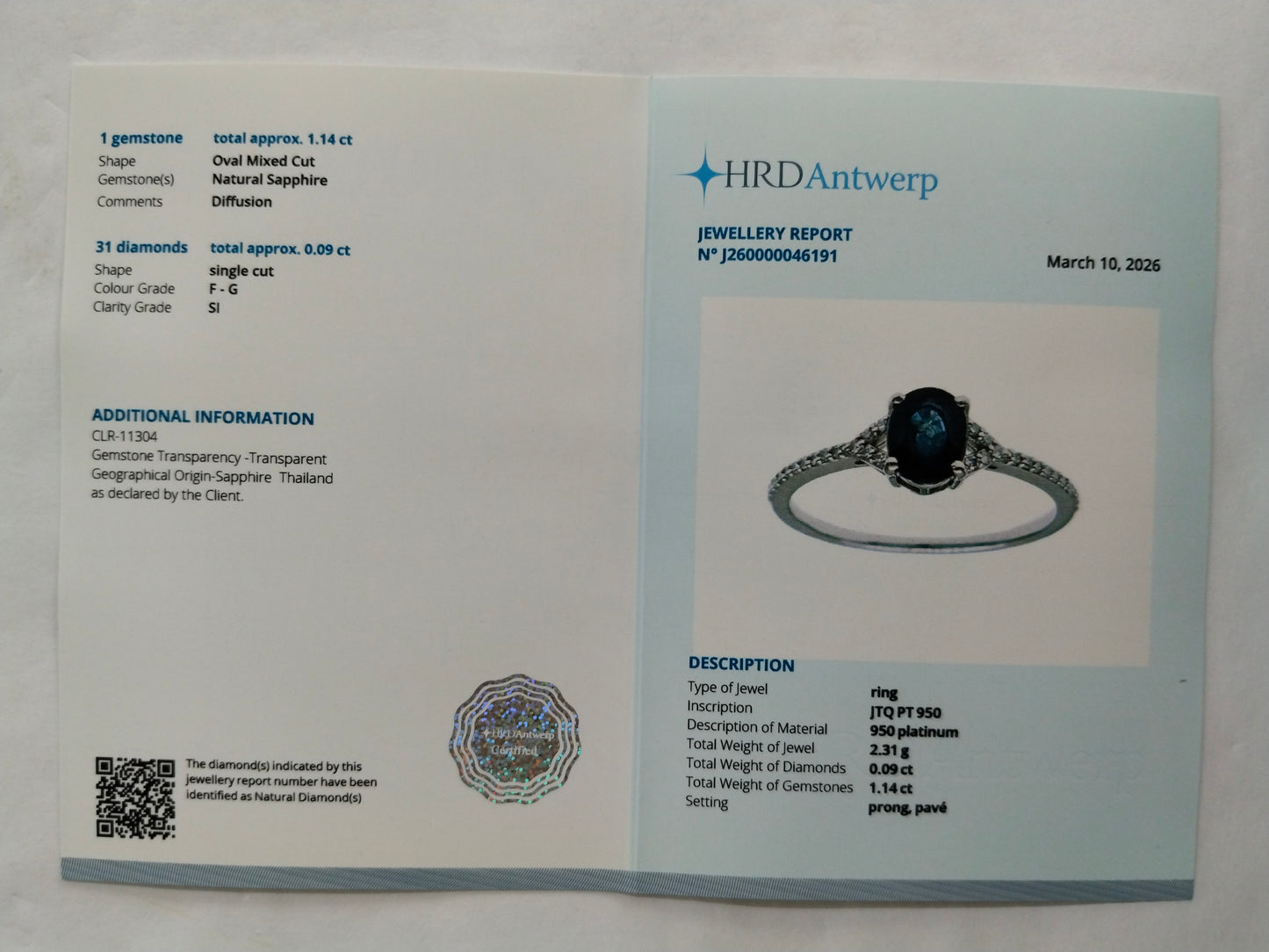 1.23 Ct Oval Mixed Cut Natural Sapphire 950 Platinum Ring