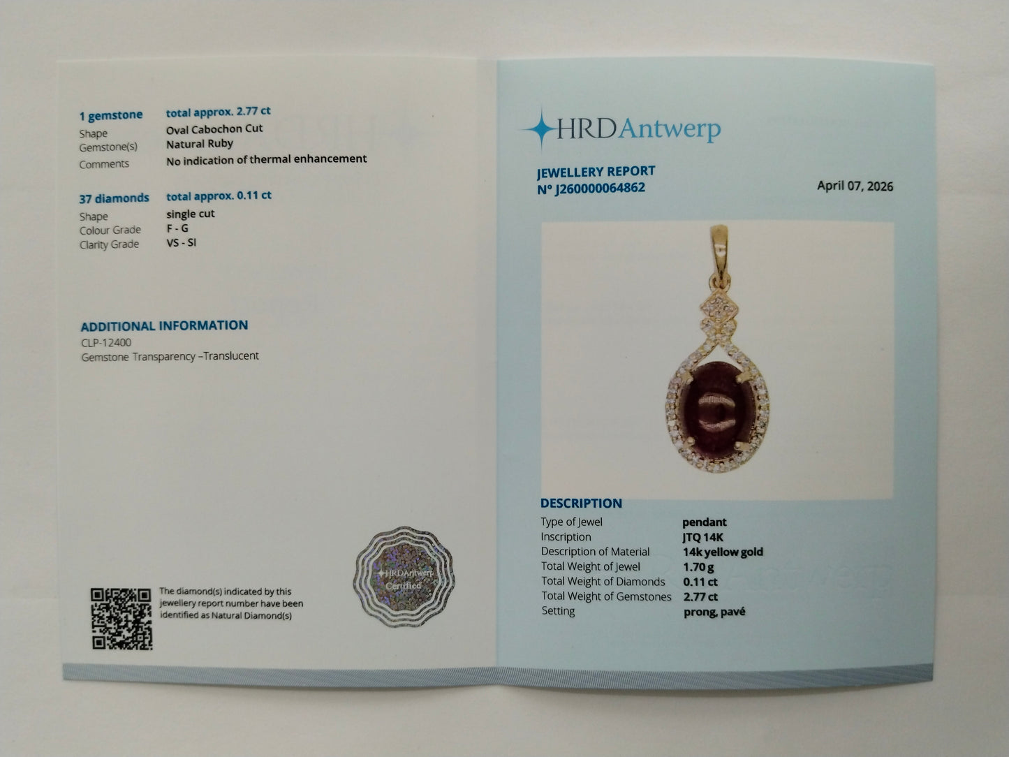 2.88 Ct Oval Cabochon Cut Natural Ruby 14K Gold Pendant