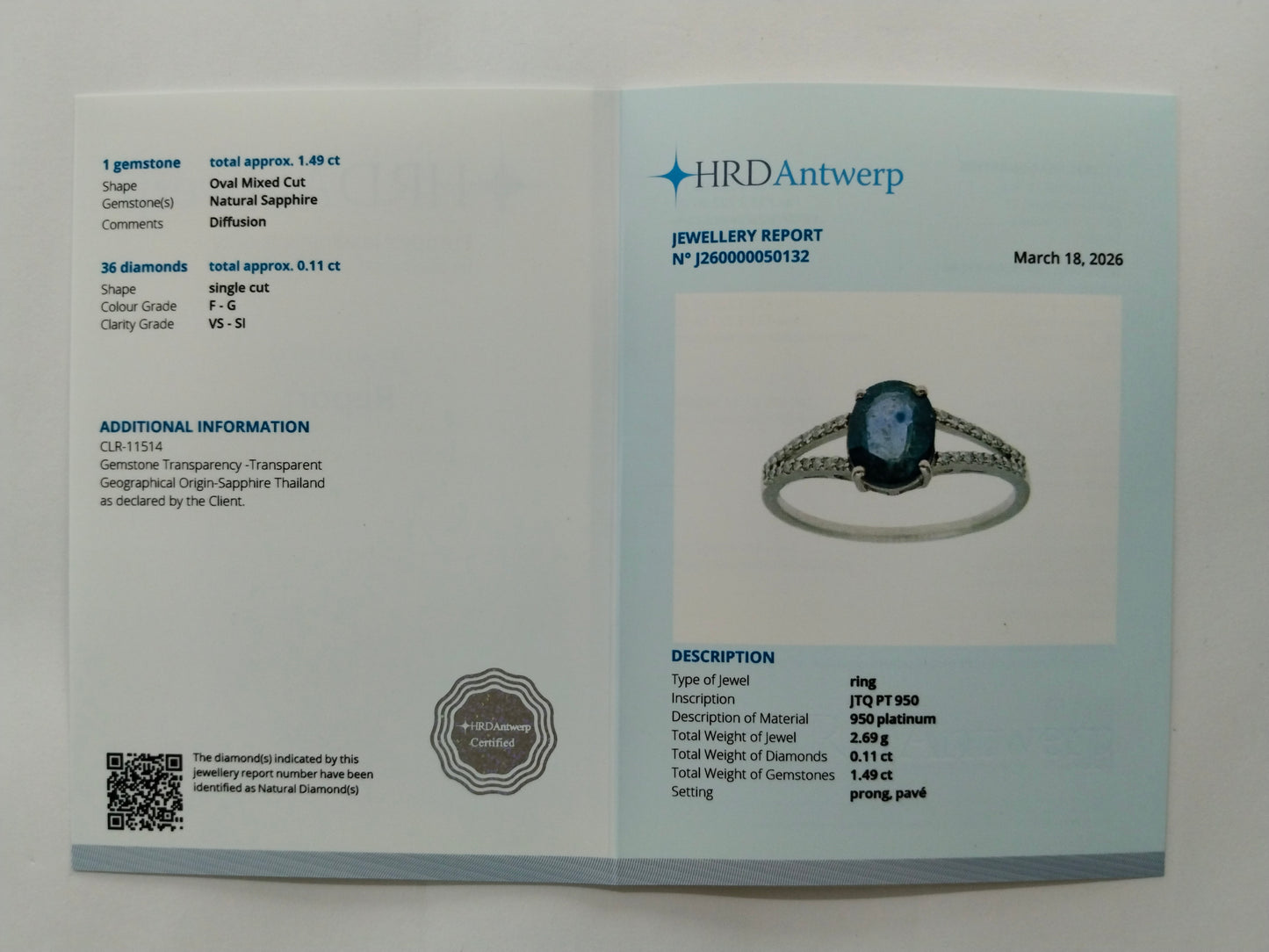 1.60 Ct Oval Mixed Cut Natural Sapphire 950 Platinum Ring