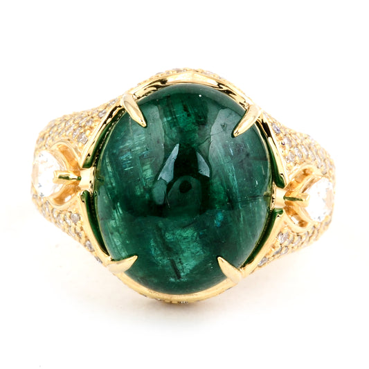 8.75 Carat Oval Cabochon Natural Beryl Emerald 14K Gold Ring