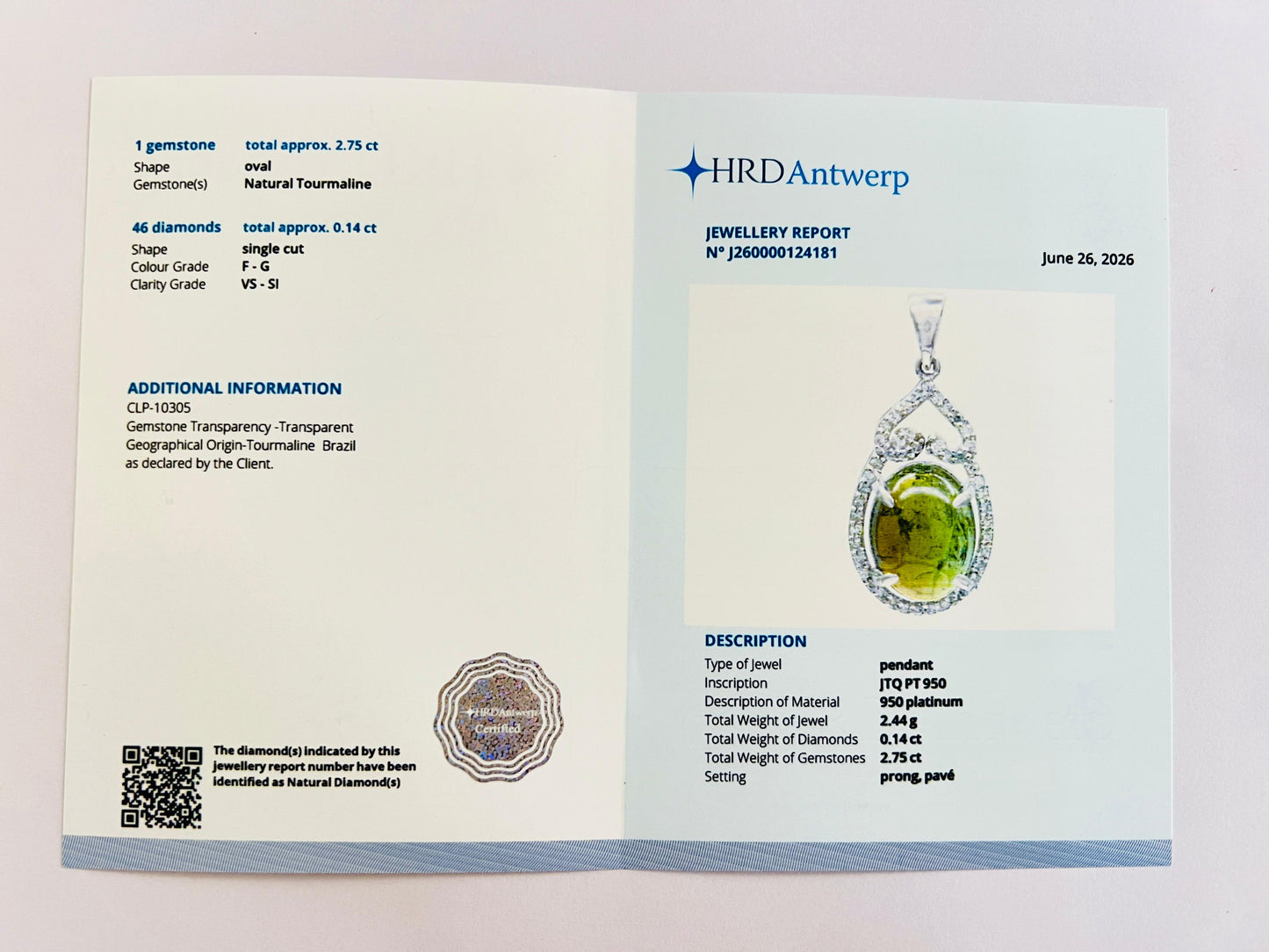 2.89 Ct Oval Natural Tourmaline 950 Platinum Pendant