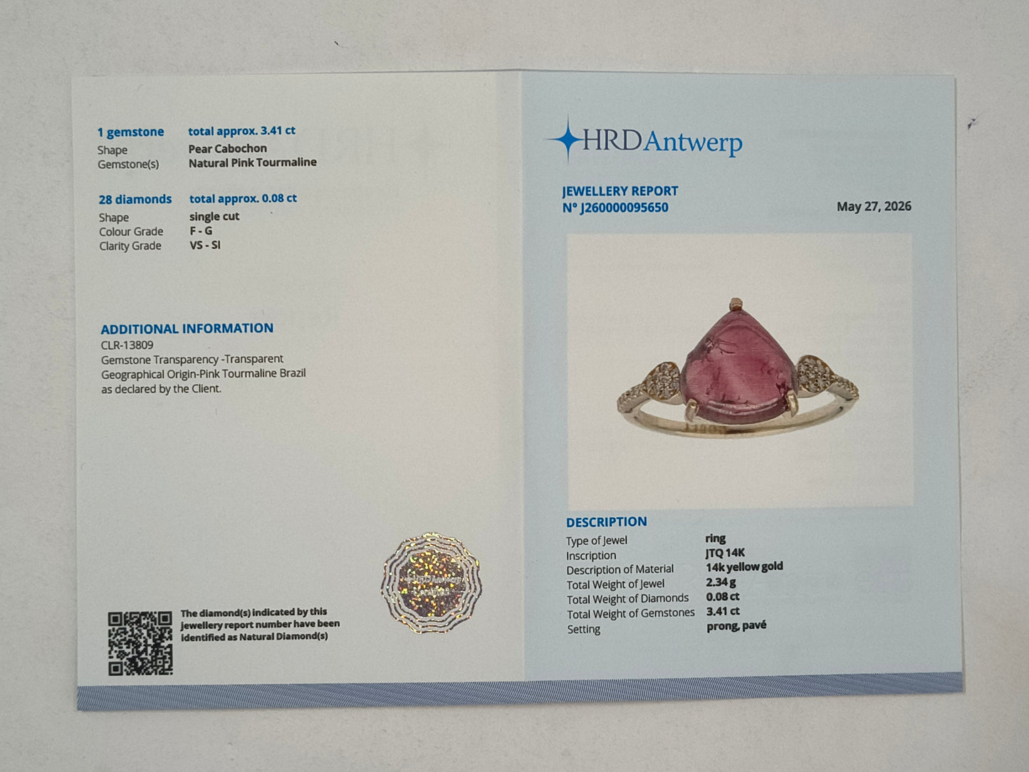 3.49 Ct Pear Cabochon Natural Pink Tourmaline 14K Gold Ring
