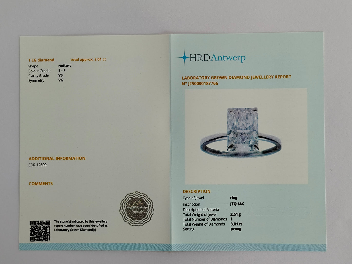 3.01 Carats Lab Grown Diamond 14K Gold Ring