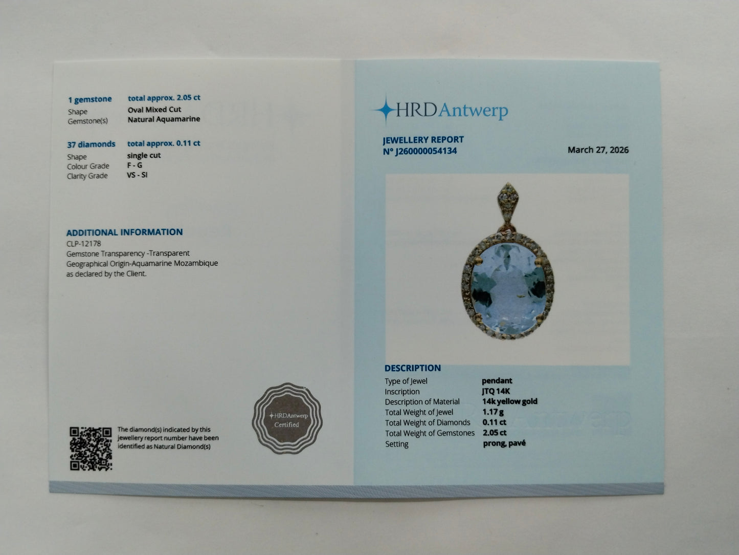 2.16 Ct Oval Mixed Cut Natural Aquamarine 14K Gold Pendant