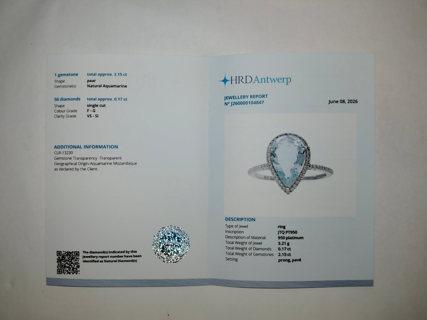 2.32 Ct Pear Mixed Cut Natural Aquamarine 950 Platinum Ring