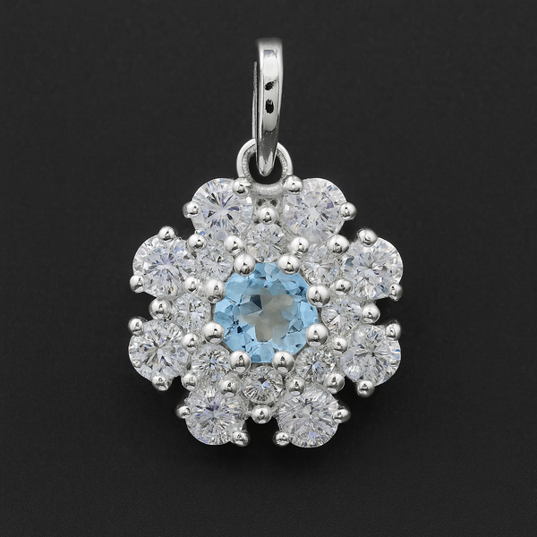 1.87 Ct Round Blue Topaz, Cubic Zirconia 925 Sterling Silver Pendant