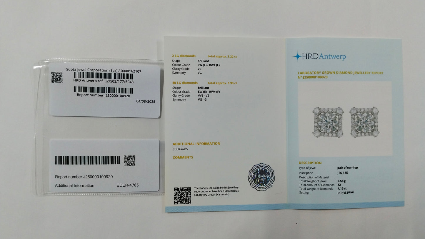 4.15 Carats Lab Grown Diamond 14K Gold Earrings