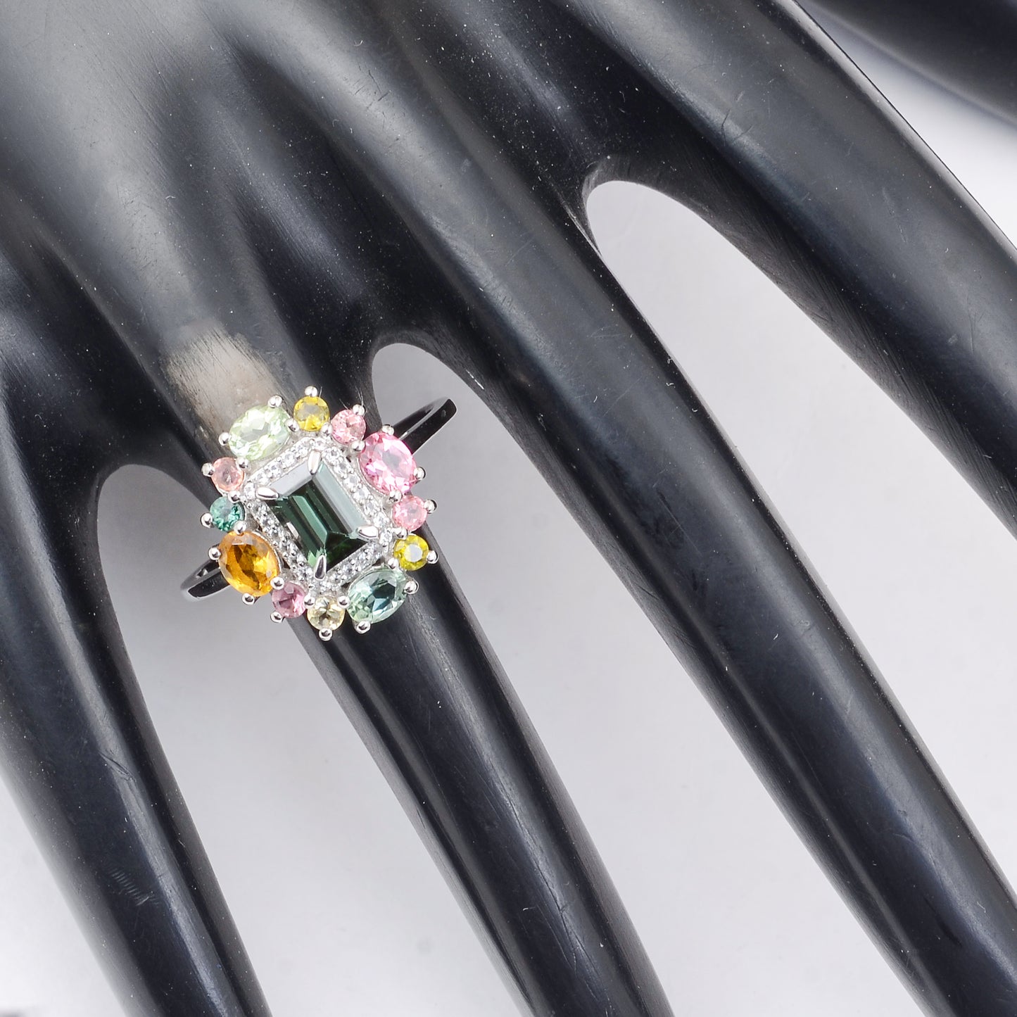 1.65 Ct Octagon Step Cut, Oval Mixed Cut, Round Mixed Cut Natural Multi-Coloured Tourmaline 950 Platinum Ring