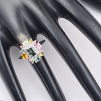 1.65 Ct Octagon Step Cut, Oval Mixed Cut, Round Mixed Cut Natural Multi-Coloured Tourmaline 950 Platinum Ring
