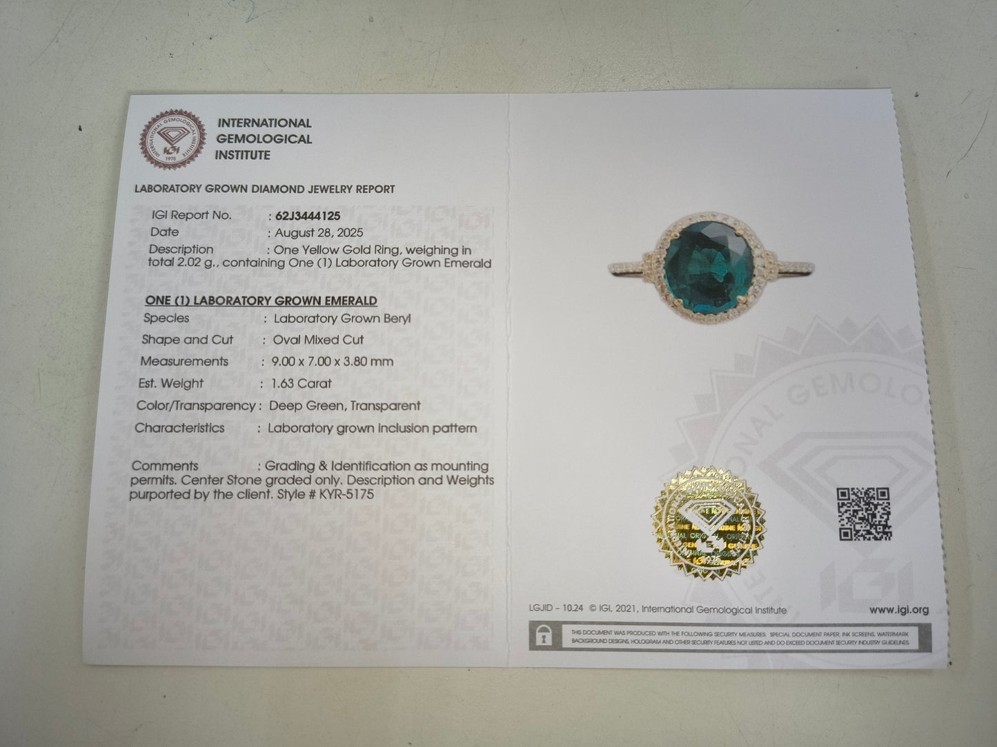 1.77 Ct Oval Mixed Cut Lab Grown Emerald 14K Gold Ring