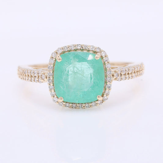 2.52 Ct Cushion Mixed Cut Natural Emerald 14K Gold Ring