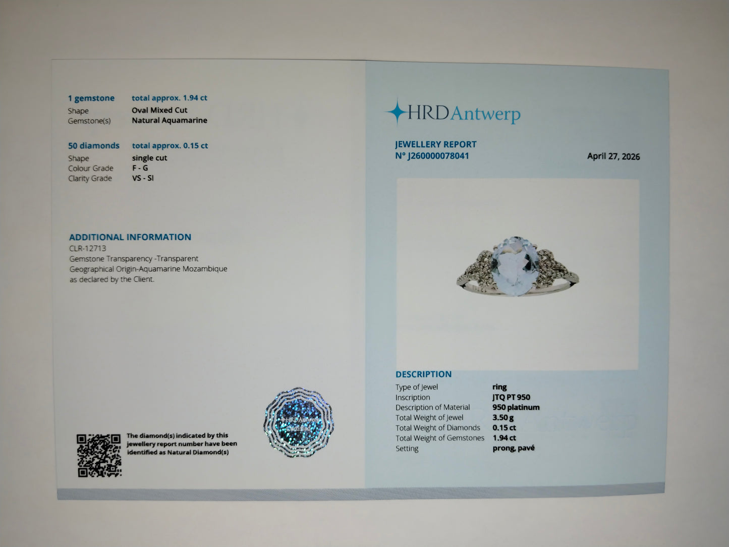 2.09 Ct Oval Mixed Cut Natural Aquamarine 950 Platinum Ring