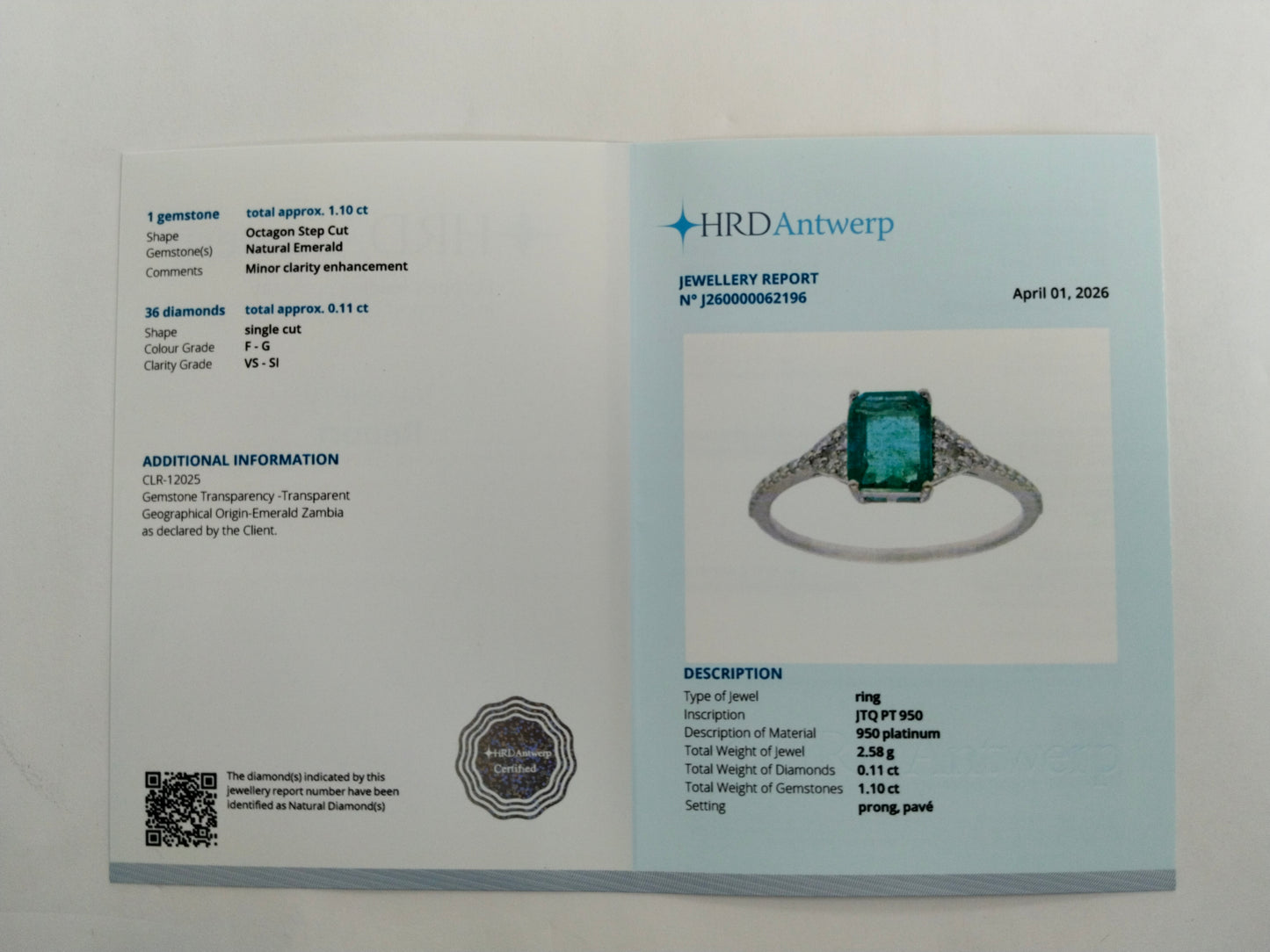 1.21 Ct Octagon Step Cut Natural Emerald 950 Platinum Ring