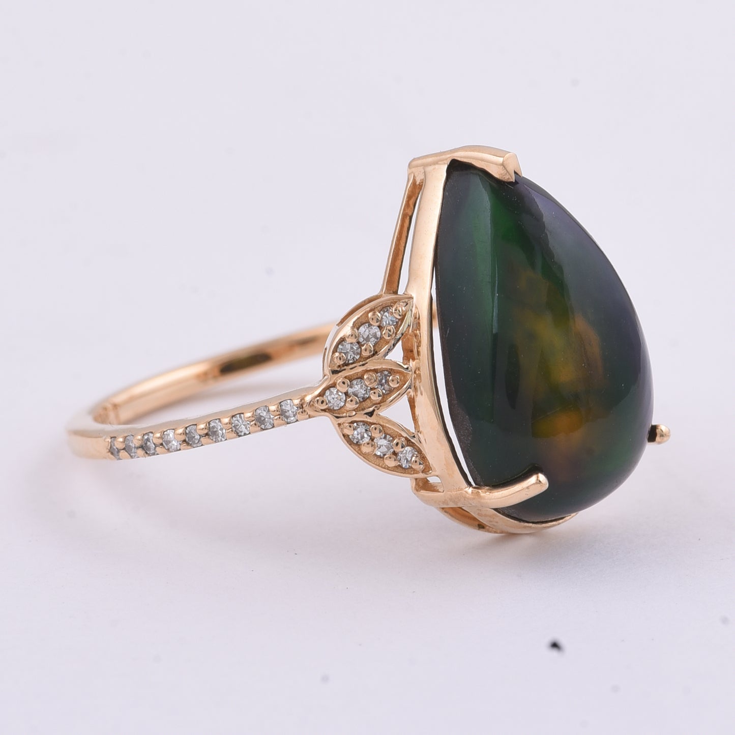 3.99 Ct Pear Cabochon Natural Black Opal 14K Gold Ring