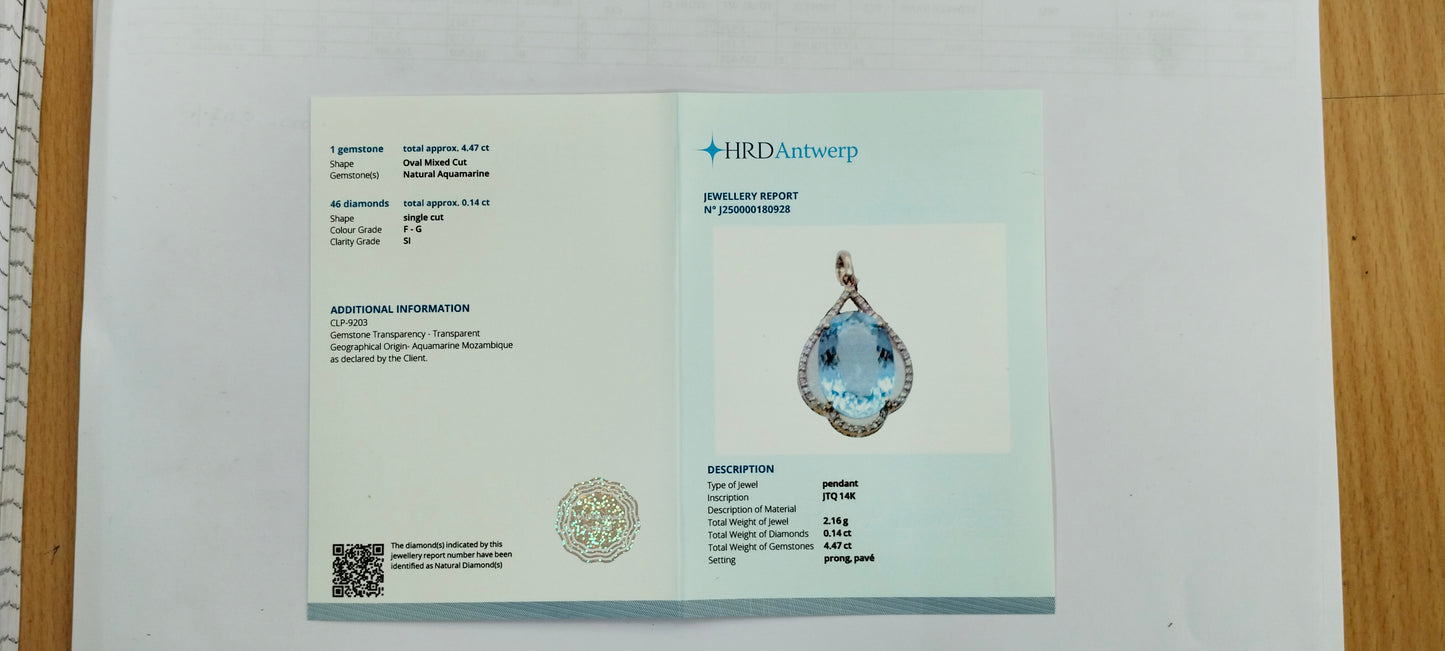 4.61 Ct Oval Mixed Cut Natural Aquamarine 14K Gold Pendant