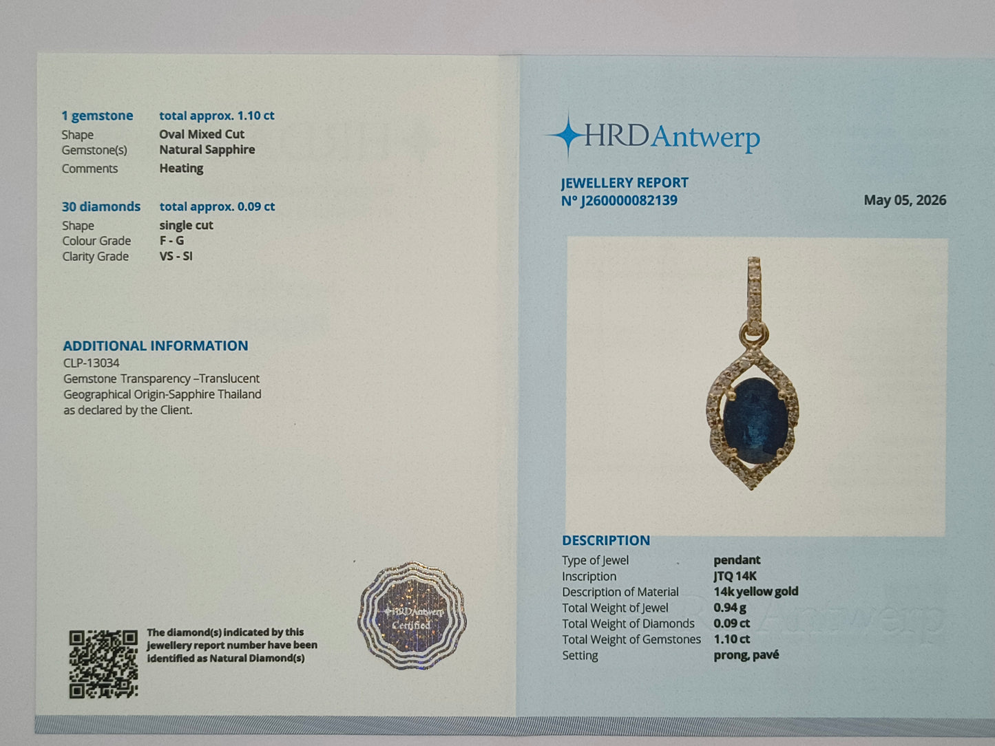 1.19 Ct Oval Mixed Cut Natural Sapphire 14K Gold Pendant