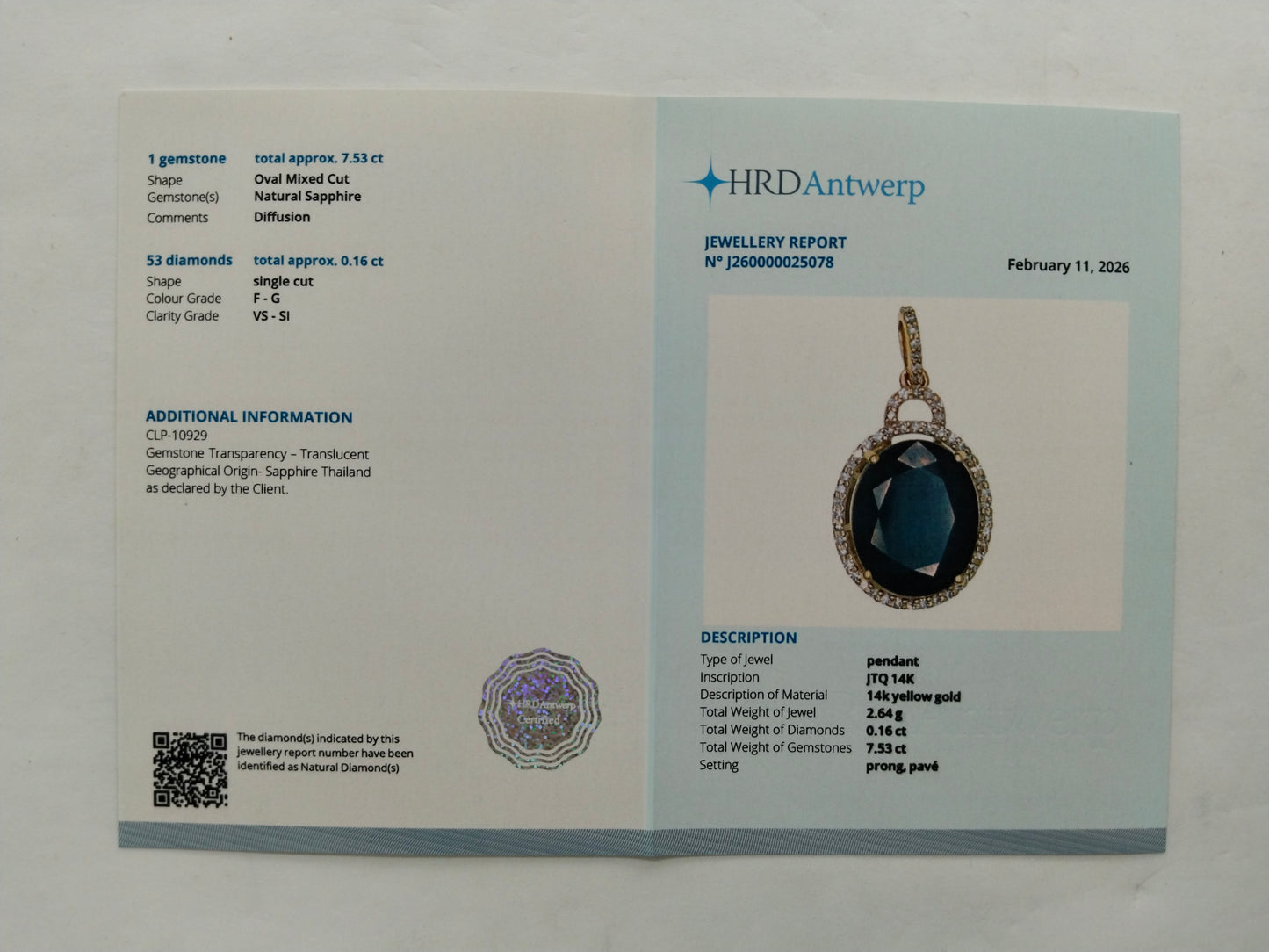7.69 Ct Oval Mixed Cut Natural Sapphire 14K Gold Pendant