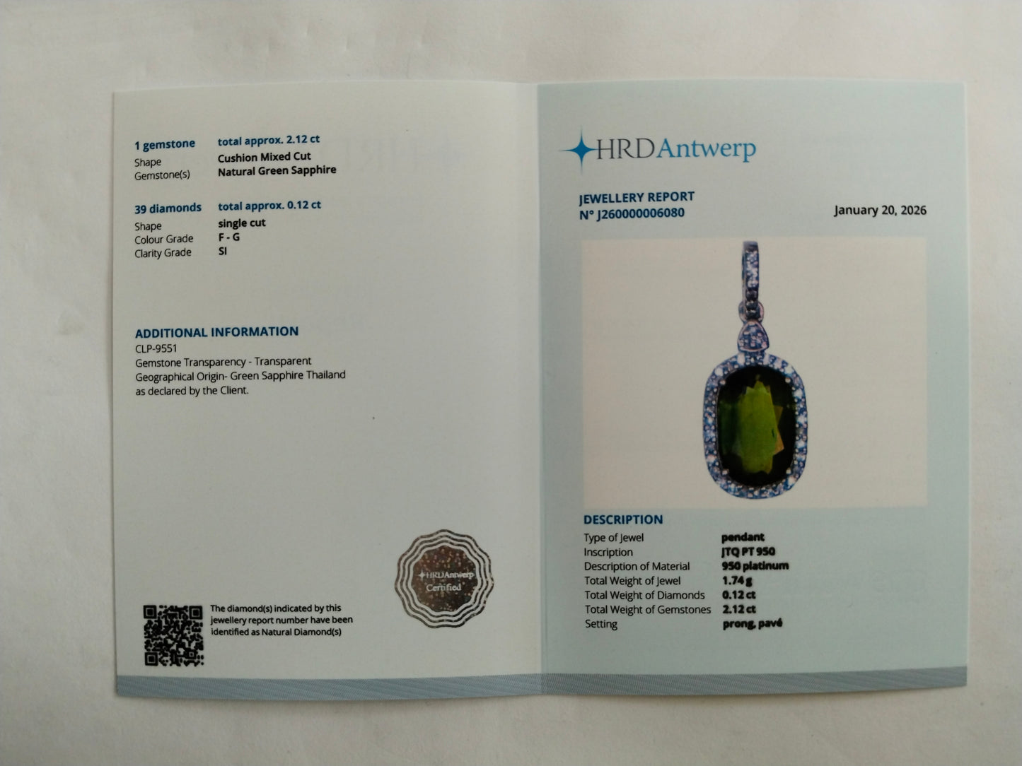 2.24 Ct Cushion Mixed Cut Natural Green Sapphire 950 Platinum Pendant