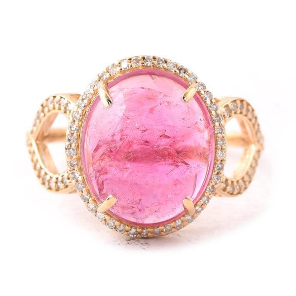 6.11 Ct Oval Cabochon Cut Natural Pink Tourmaline 14K Gold Ring