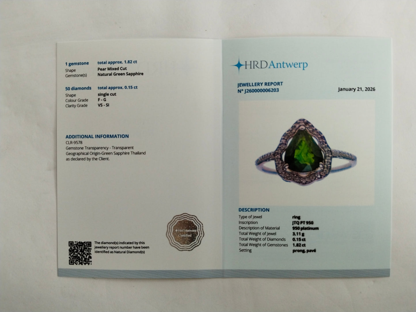 1.97 Ct Pear Mixed Cut Natural Green Sapphire 950 Platinum Ring