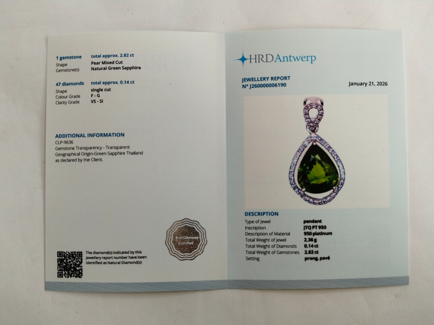 2.96 Ct Pear Mixed Cut Natural Green Sapphire 950 Platinum Pendant