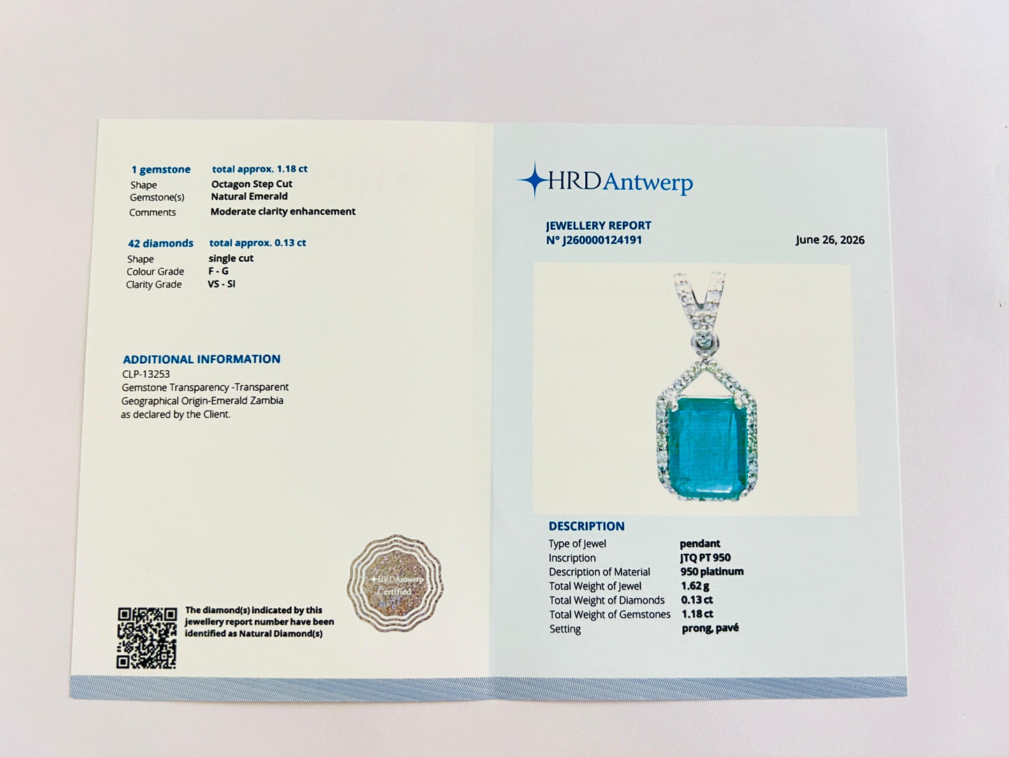 1.31 Ct Octagon Step Cut Natural Emerald 950 Platinum Pendant