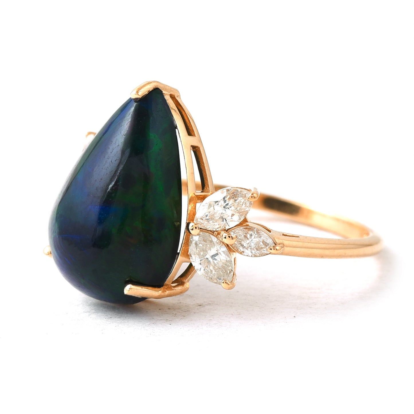 1.86 Ct Pear Cabochon Cut Natural Black Opal 14K Gold Ring