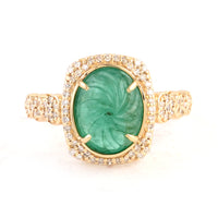 3.06 Ct Oval Carving Natural Beryl Emerald 14K Gold Ring