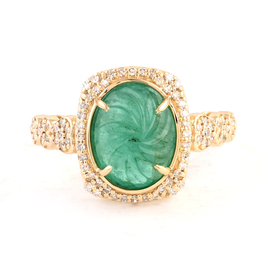 3.06 Ct Oval Carving Natural Beryl Emerald 14K Gold Ring