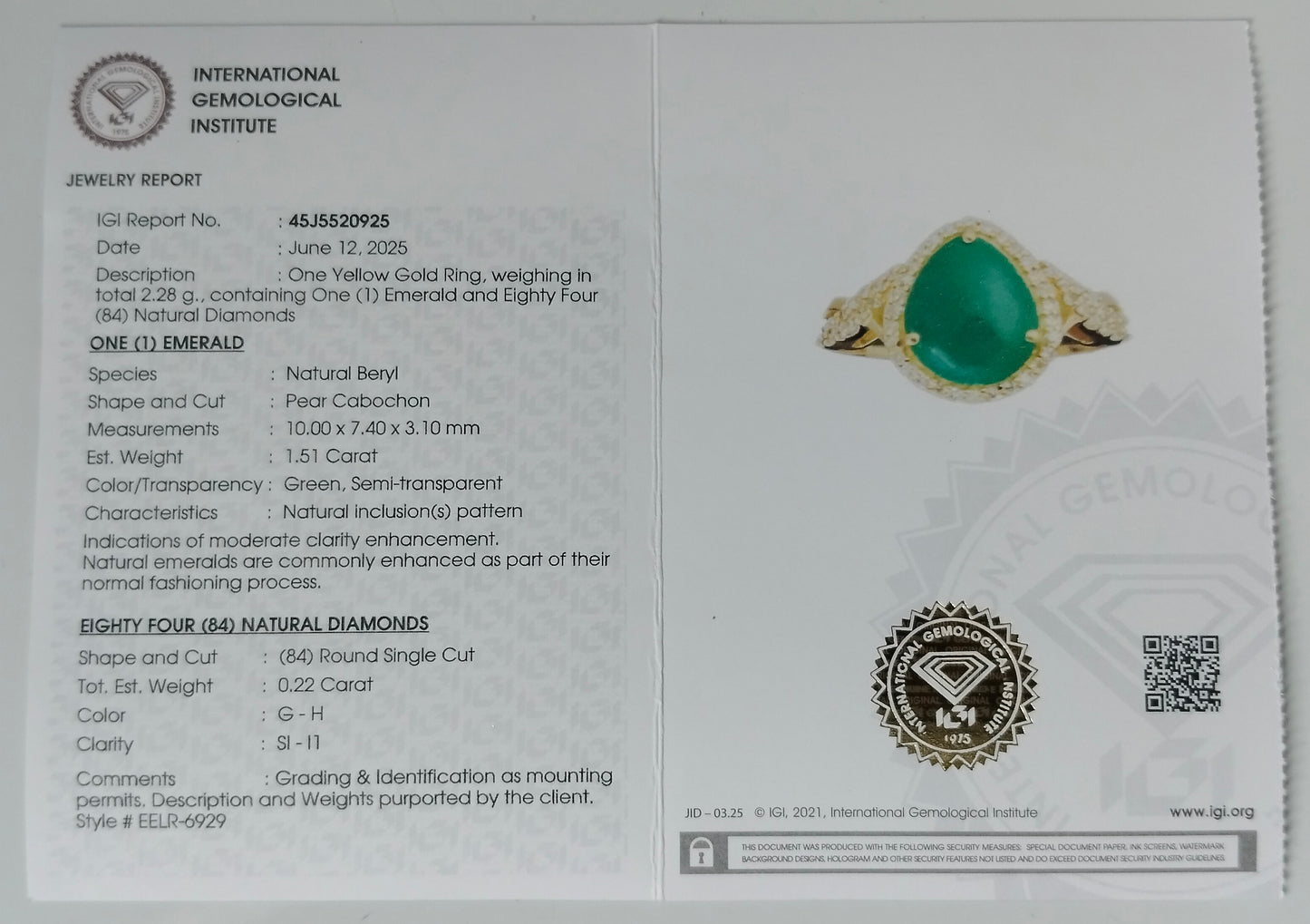 1.73 Ct Pear Cabochon Natural Beryl Emerald 14K Gold Ring