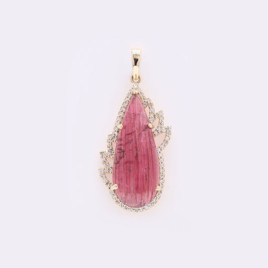 5.46 Ct Pear Carving Natural Pink Tourmaline 14K Gold Pendant