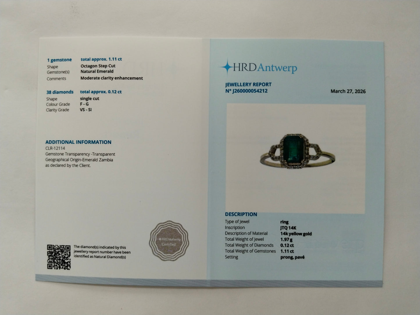 1.23 Ct Octagon Step Cut Natural Emerald 14K Gold Ring