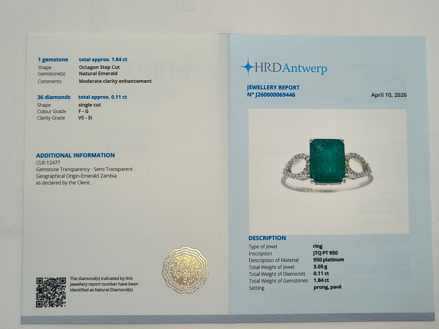 1.95 Ct Octagon Step Cut Natural Emerald 950 Platinum Ring