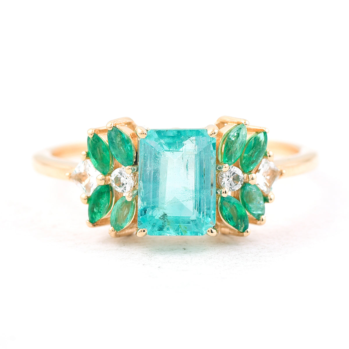 1.53 Ct Octagon Step Cut, Marquise Mixed Cut Natural Emerald 14K Gold Ring
