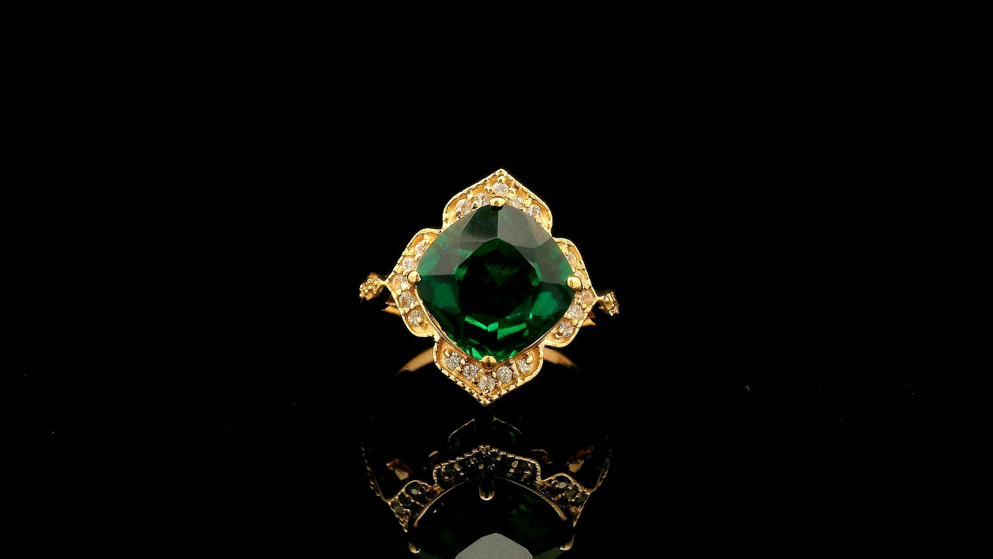 3.95 Ct Cushion Lab Grown Emerald 14K Gold Ring